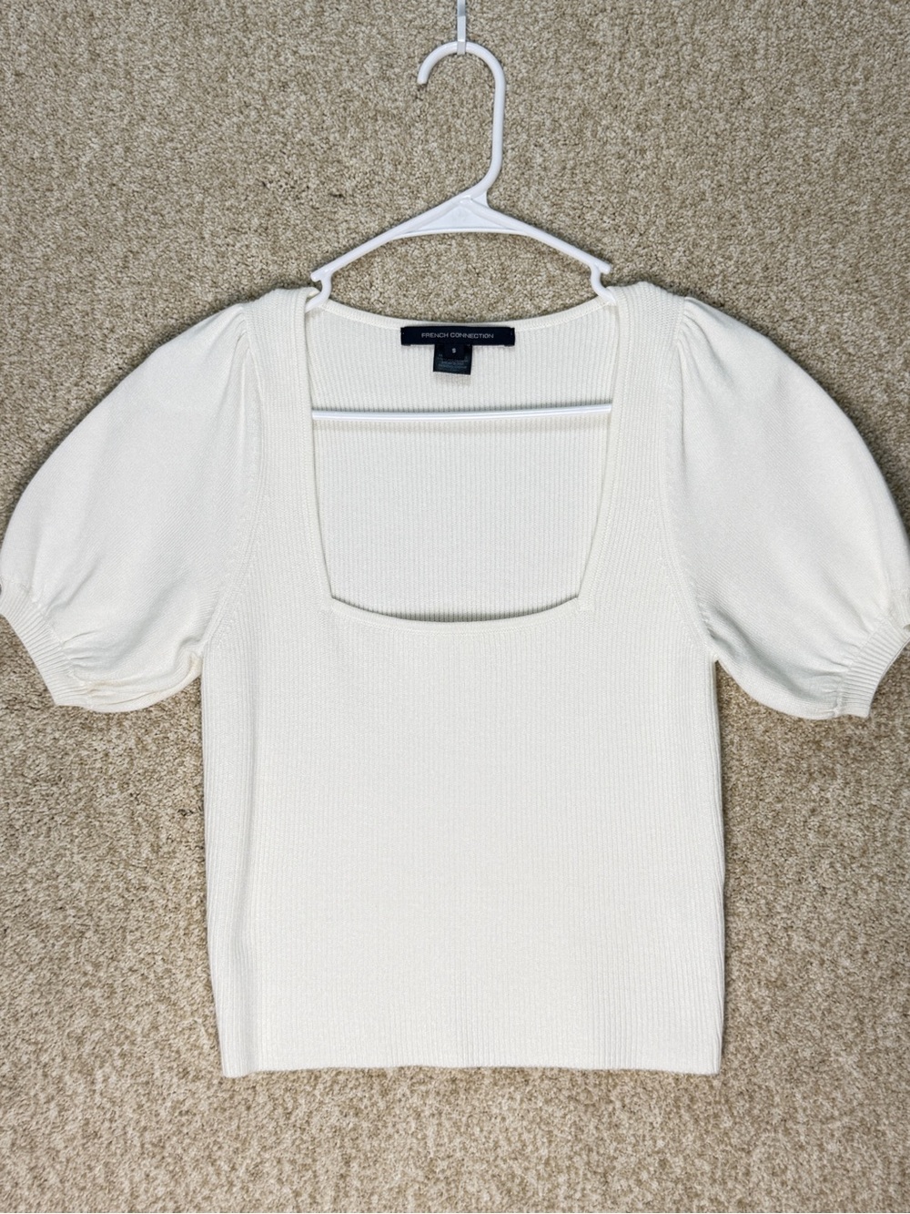 French Connection White Ribbed Square Neck Puff Sleeve Sweater Top Small